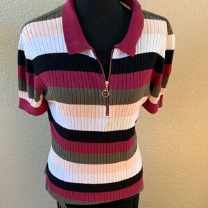 Candie's Burgundy and Olive Striped Polo Top Y2K